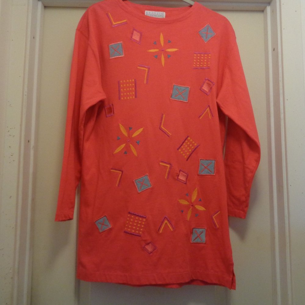 VINTAGE SEGRETS SUN PRINTS TEE SHIRT TUNIC DRESS W GEO EMBLEMS S